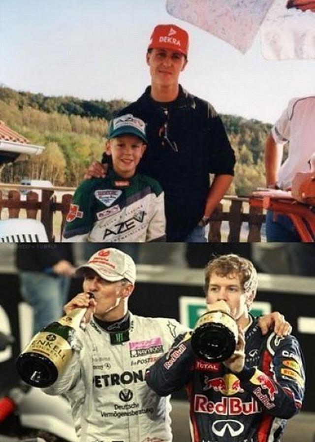 Régen és most kép Michael Schumacher régen Sebastian Vettel forma 1 most